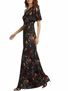 NWT SACHIN + BABI Black Floral Sleeveless One Shoulder Bow Dress Gown Size 8